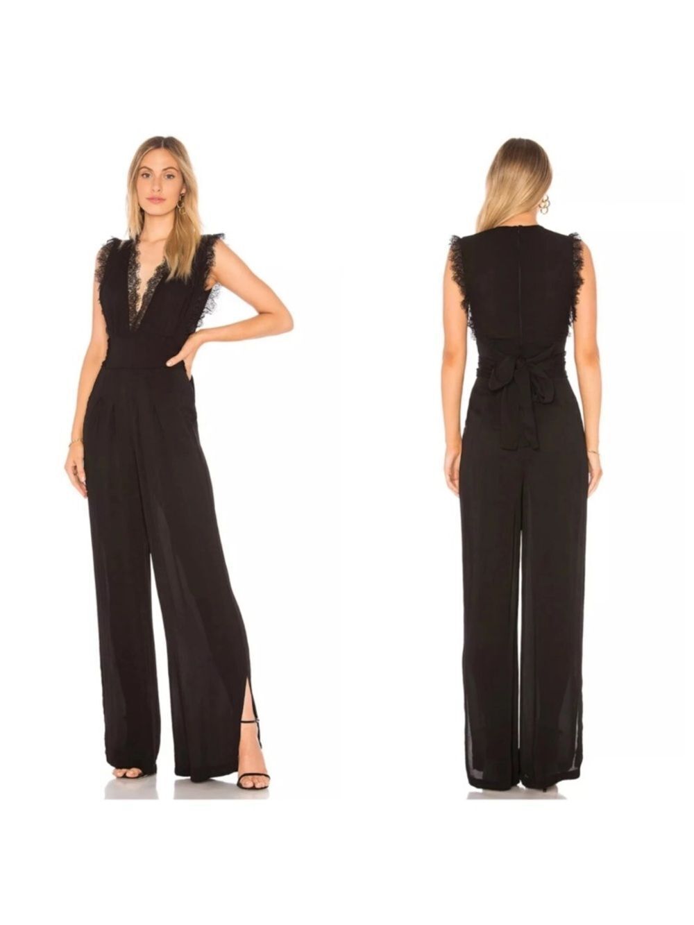 Altar'd State Lace Trim V-Neck Wide Leg Jumpsuit Small Black Feminine Staple